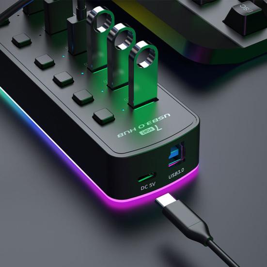 Док-станция для ноутбука USB 7 в 1, многопортовый USB 3.0, независимый переключатель, порт питания RGB, высокоскоростной адаптер USB-концентратора, компьютерные аксессуары