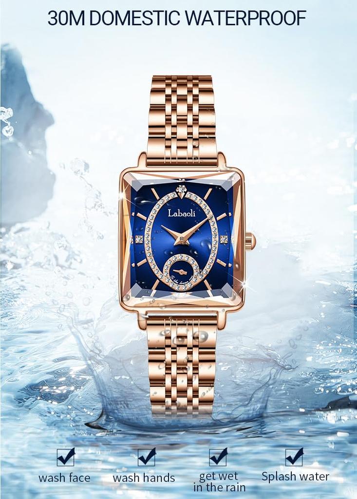 Золотые квадратные часы с бриллиантами, водонепроницаемые, простые, стильные, повседневные, деловые, брендовые, из нержавеющей стали, небольшие, роскошные, синие, подарочные, для женщин, женские