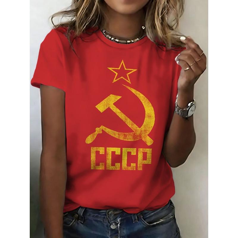 Русские Футболки СССР Цветочный 3D Принт Женская Футболка с Коротким Рукавом с Круглым Вырезом Оверсайз Харадзюку Футболки Y2k Топы Женская Одежда