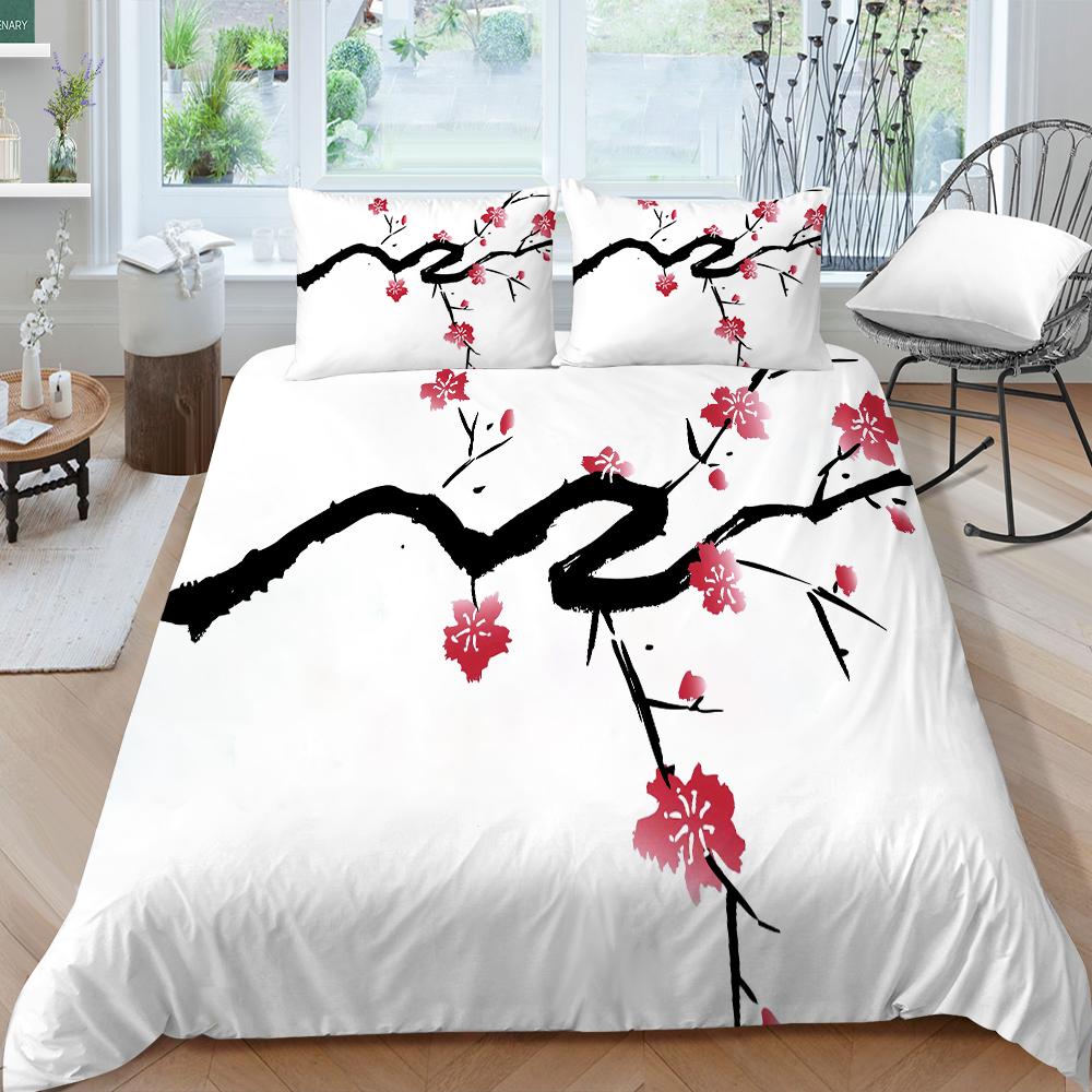 3D Family Bedding Single Double Bed Full Size Bedding Plum Blossom Pattern Pillowcase and Quilt Cover Noble and Washable Family Decoration