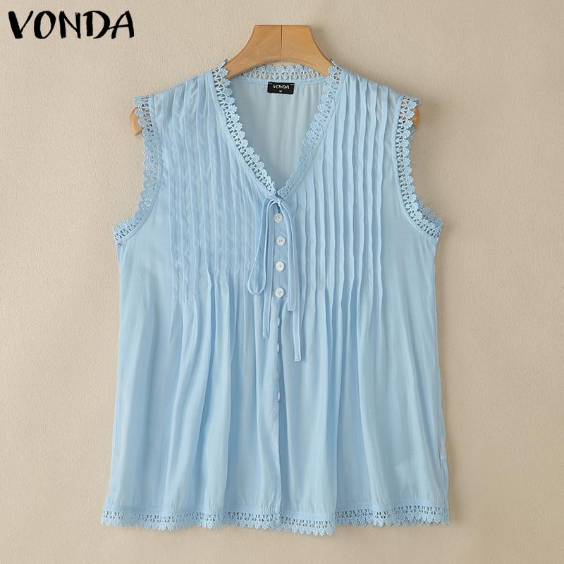 VONDA Women Summer V Neck Sleeveless Buttons Up Lace Crochet Hem Casual Tank Tops