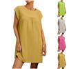 Women's Summer Casual Solid Color Short-sleeve O-neck Stitching Loose Pocket Cotton Linen Dress