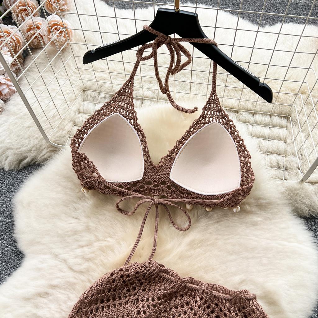 Summer Vacation Sexy Suits Strapless Halter Backless Bikini Set Drawstring Tassel Skirt Women Beach Knitted Fashion Two Pieces Suits