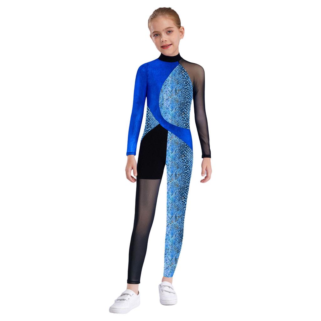 Асимметричный танцевальный комбинезон для девочек, мок-воротник, прозрачные сетчатые длинные рукава, спинка с вырезом-капелькой, металлический комбинезон со змеиным принтом