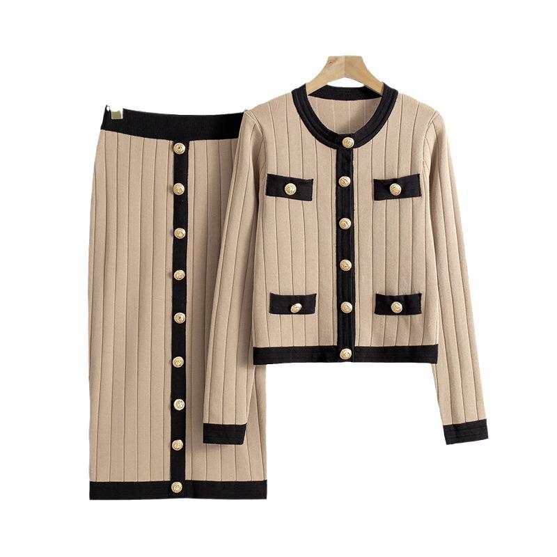 Элегантный французский миди-комплект из юбки и вязаного кардигана для женщин - Коллекция Осень/Зима