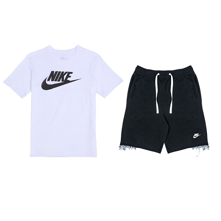 Nike Пуловер с круглым вырезом и логотипом, короткий рукав, завязка на талии, шорты средней посадки, повседневный спортивный комплект, мужские комплекты AR5005-101+DX0767-010