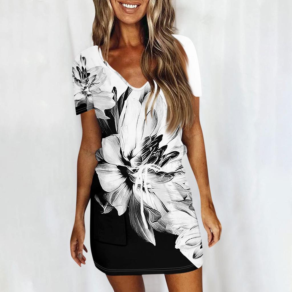 Women's Summer Casual Fashion Printed Drawstring V Neck Short Sleeve Dress