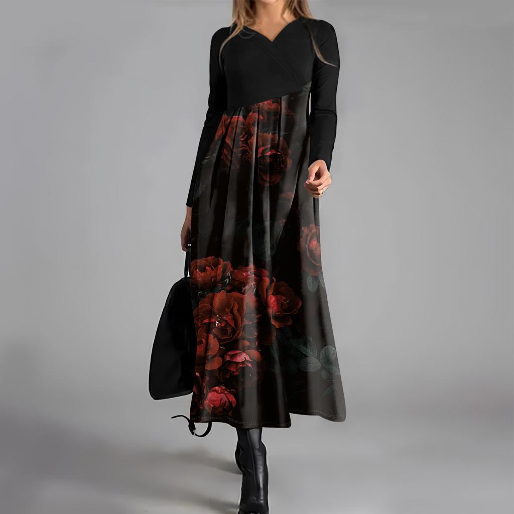 Women's Casual Fashion V-neck Long Sleeve Dress Flower Print Waist Pocket Swing Dress