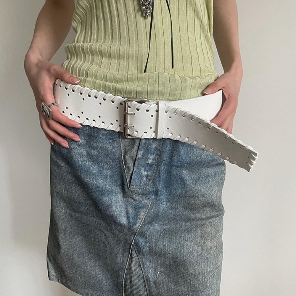 Y2k Women Wide Belt Woven Western Cowboy Belt Versatile PU Leather Waistband Women