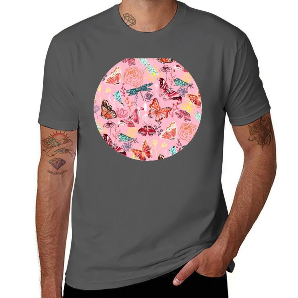 Dragonflies Butterflies Moths And Floral Design On Millennial Pink Tshirt Soft Stretch Short Sleeve Top