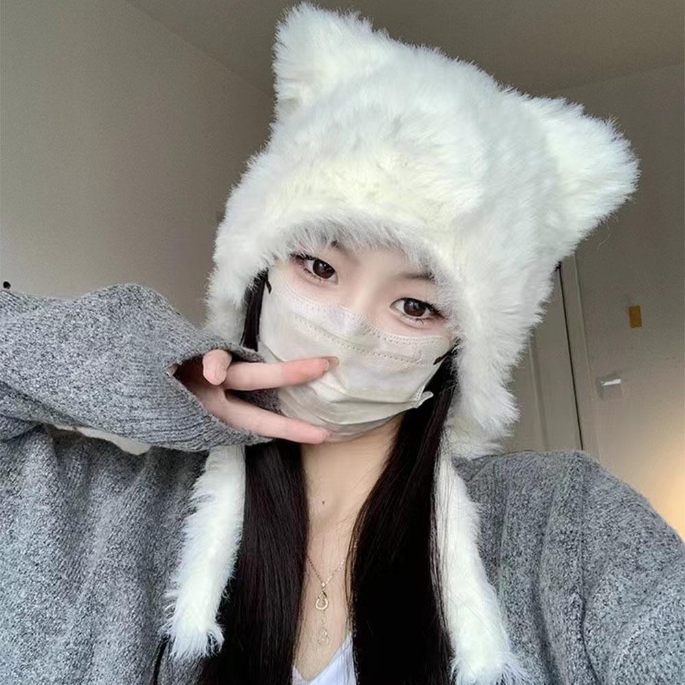 Пушистая шапка Beanie Spicy Girl, милая шапка с кошачьими ушками, зимняя утолщенная теплая шапка-бомбер, лыжная шапка из искусственного меха, вязаная шапка в стиле ретро, оптовая продажа