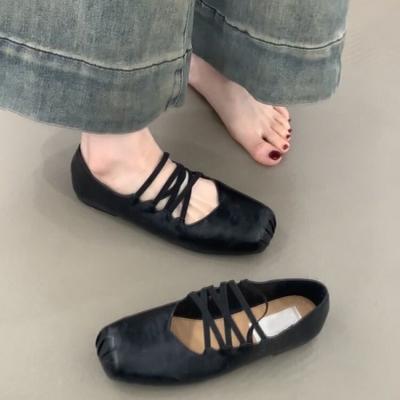 Ретро туфли-балетки на плоской подошве с перекрестной шнуровкой, с квадратным носком, женские туфли-лодочки с мелким вырезом