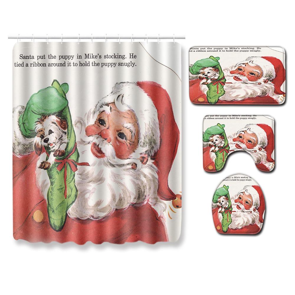 3D Printed Christmas Waterproof Shower Curtain Toilet Four-Piece Combination Set Household Doormat Floor Mat Carpet