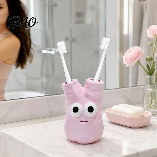 Resin Makeup Brush Holder Cartoon Toothbrush with 2 Holes, Durable Stand, Organizer for Countertop Stable Base Cute Bathroom Sink Space Saving Rack