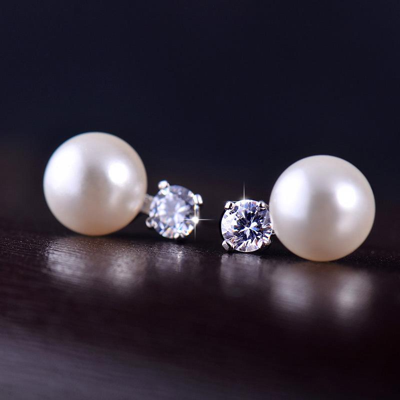 ED764 925 Sterling Silver Rhodium Plated White Zircon Pearl Cute Stud Earrings for Women Girls Fashion Jewelry