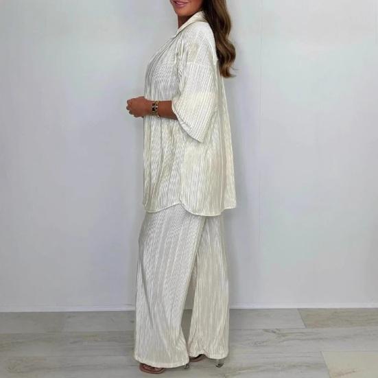 Casual 2 Piece Outfit for Women Long Sleeve Button Down Shirt Wide