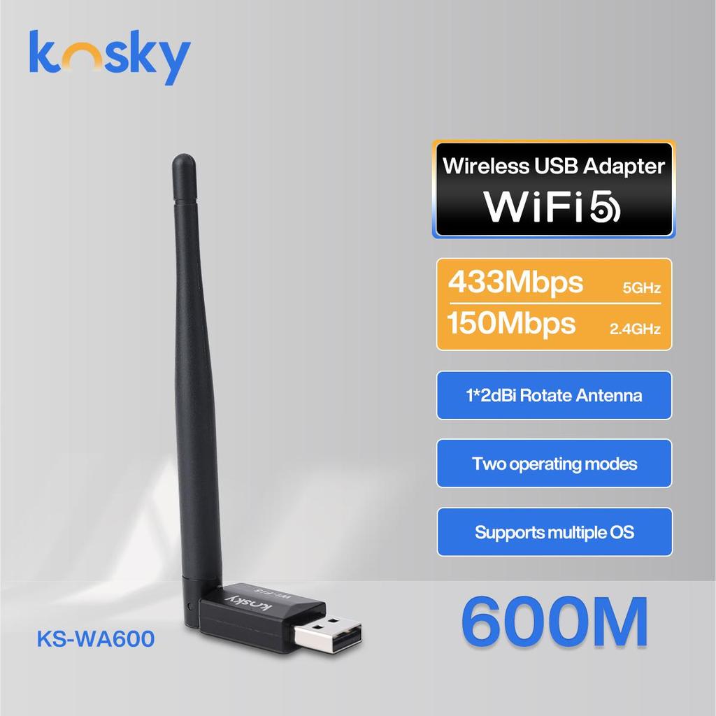 Kosky 600Mbps Wireless USB Wifi Adapter Daul-band USB2.0 Boost Your Internet Speed with 600Mbps Wireless USB Wifi Adapter