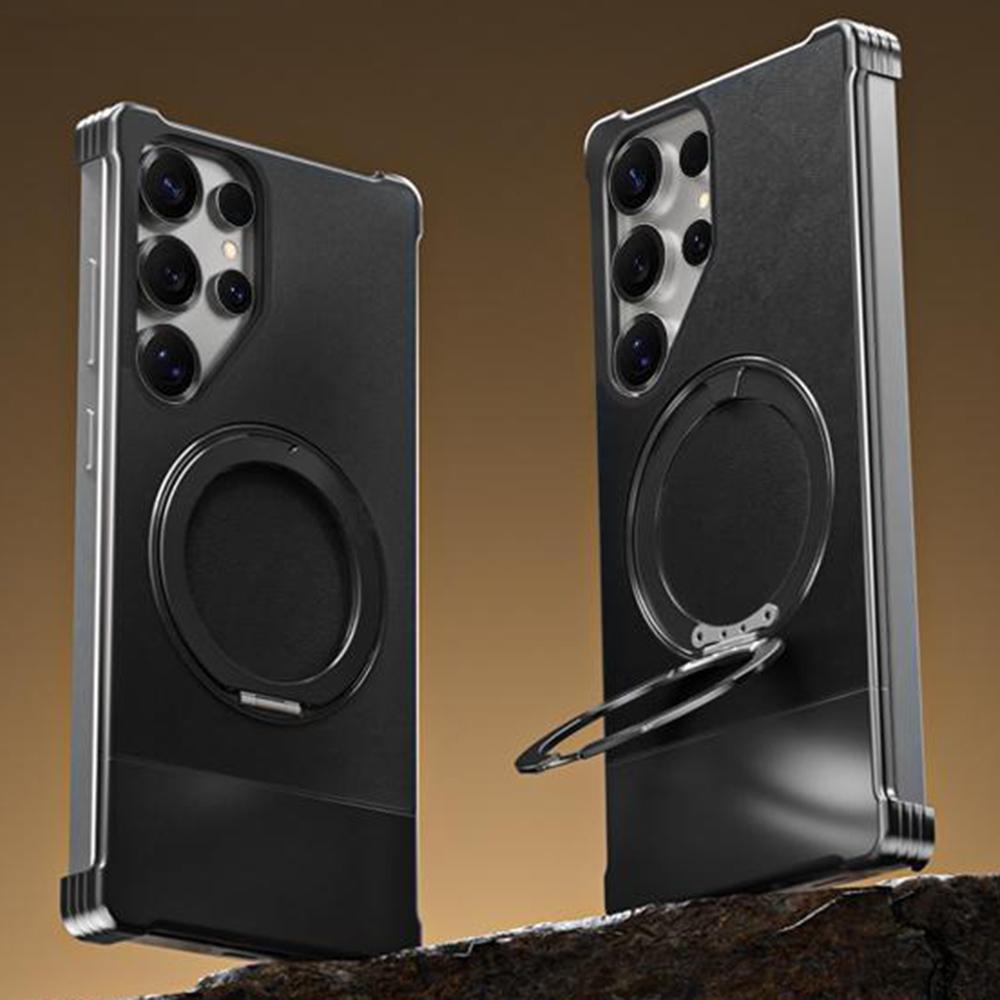 For Samsung Galaxy S24 Ultra Magnetic Case with Kickstand Borderless PU+Metal Drop Proof Phone Back Cover