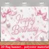 Pink Happy Birthday Banner Backdrop Bow Pearls Petals Marble Polyester