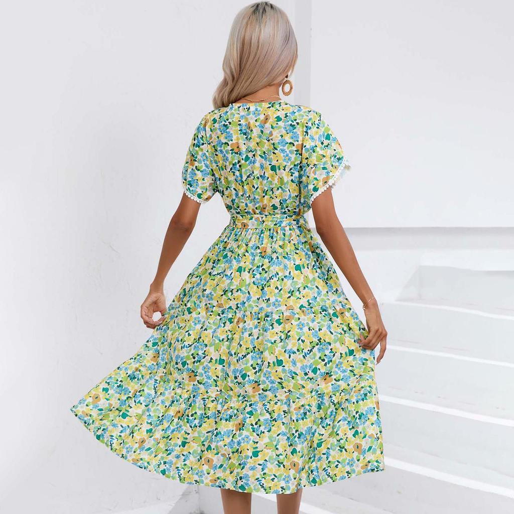 Женское летнее платье с короткими рукавами и высокой талией в этническом стиле на шнуровке