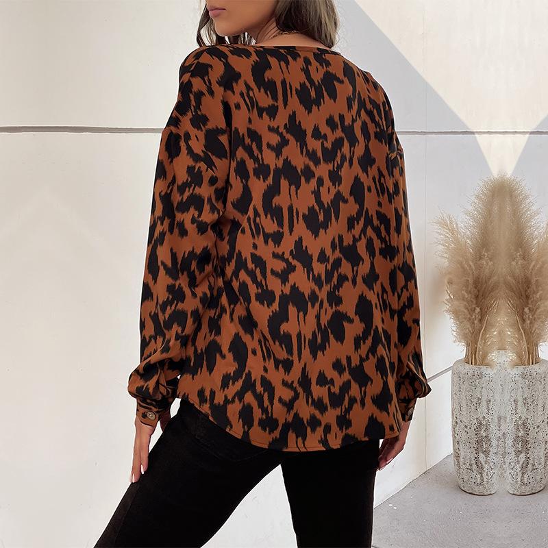 Bahor va Kuz Ayollar Bluzkalari Toplar Uzun Qo'lli Leopard Dizaynli Ko'ylak