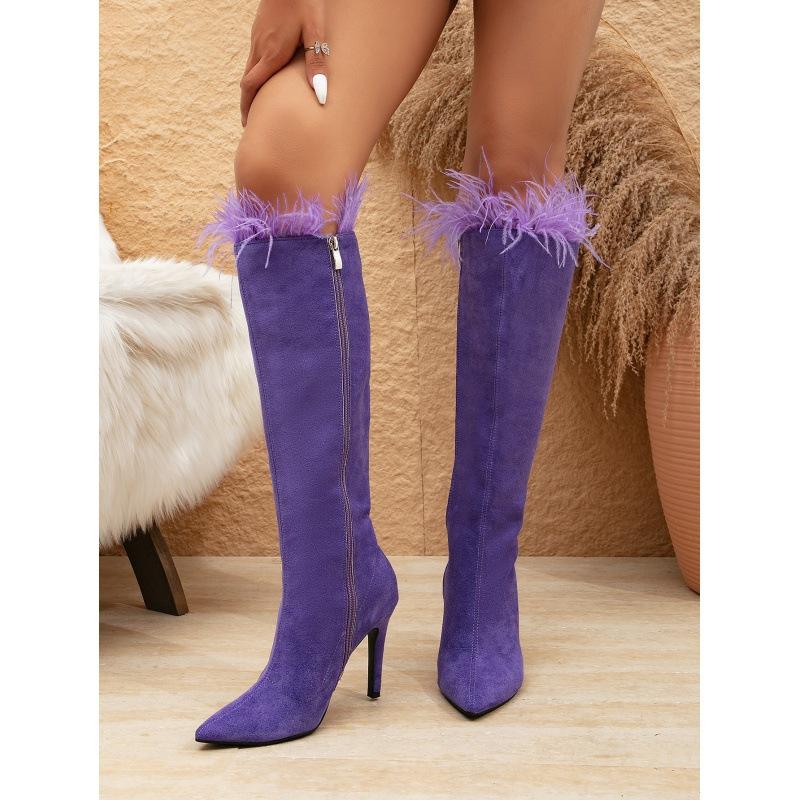 Осенне-зимняя мода Замша Перья Острый носок Женские ботфорты Модные Современные Длинные Ботильоны Тонкий каблук Женская обувь