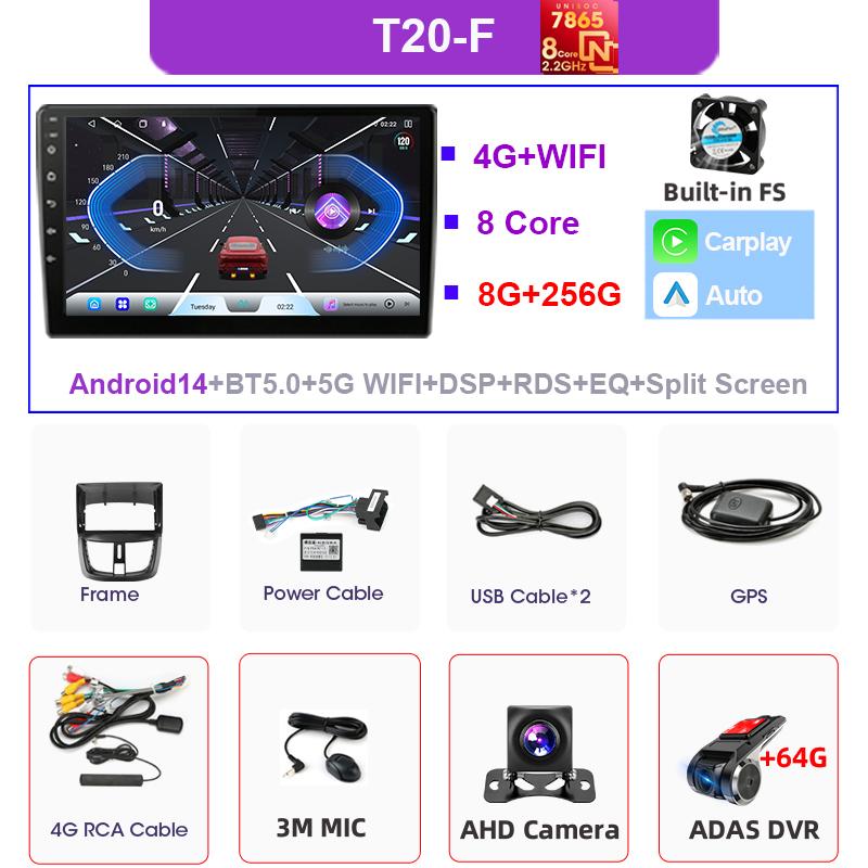 Srnubi Android14 UIS7865 Carplay & Android Auto Car Radio For PEUGEOT 207 207CC 2006-2015 4G WiFi BT DVR GPS Multimedia Stereo
