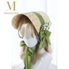 French Rural style Lolita Straw Hat Ribbon Bow Ruffle Lace Girl Sun Hat Handmade With Strap Ribbon Flower Flat Top Hat