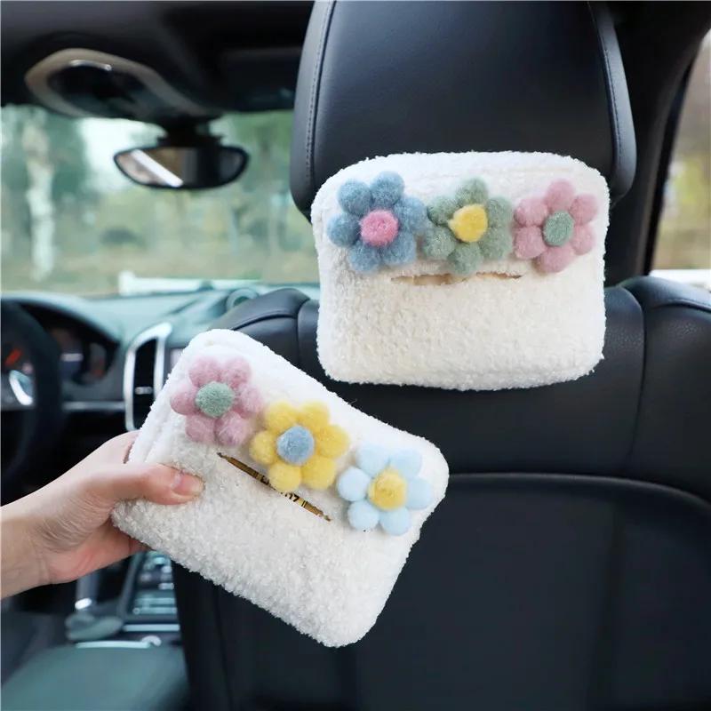 Cute Cartoon Plush Color Flowers Car Headrest Tissue Box Paper Tower Holder Auto Visor Hanging Organizer Styling Car Accessories