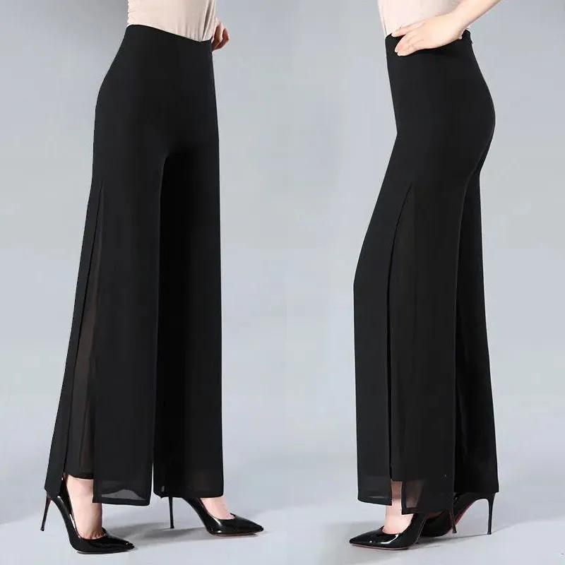 Летние шифоновые брюки-кюлоты с высокой талией, юбка из марли, свободные прямые брюки Shuai Ku с разрезом, широкие брюки для женщин