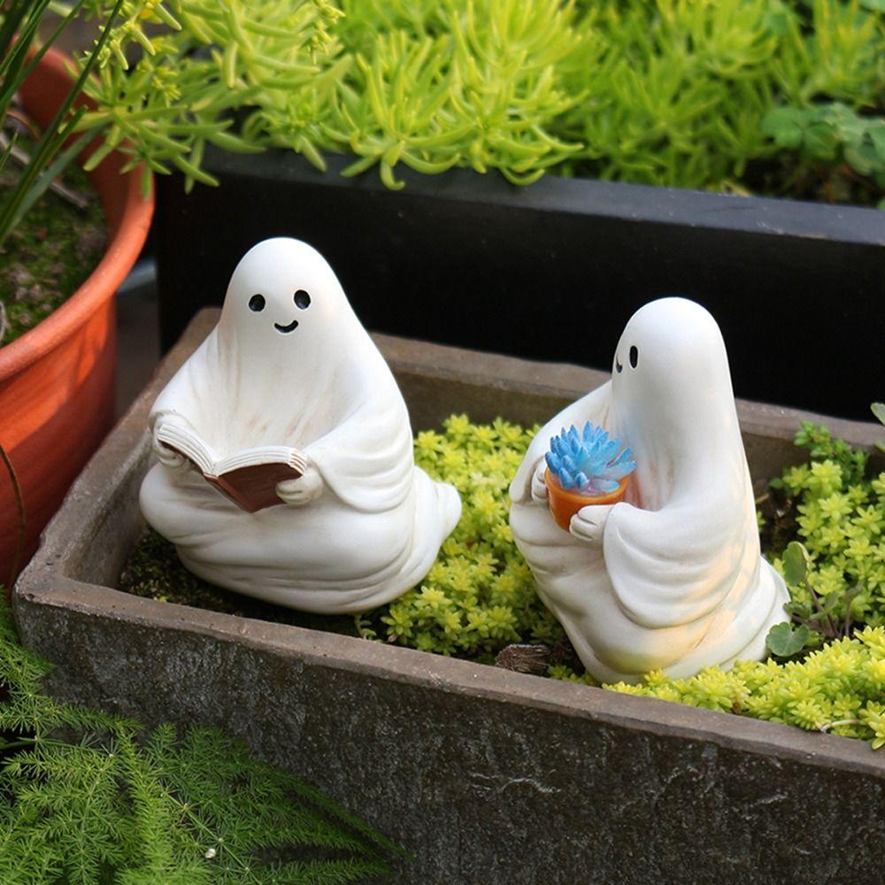 2pcs Cartoon Sitting Figure Resin Ghost Sculpture Micro Landscape Reading Ghost Statue Fish Pond