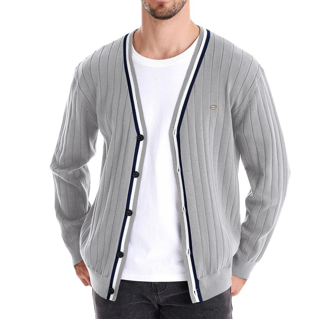 Men's Winter V-neck Long Sleeve Contrast Color Trimming Jacket Men's Loose Solid Color Knitted Cardigan