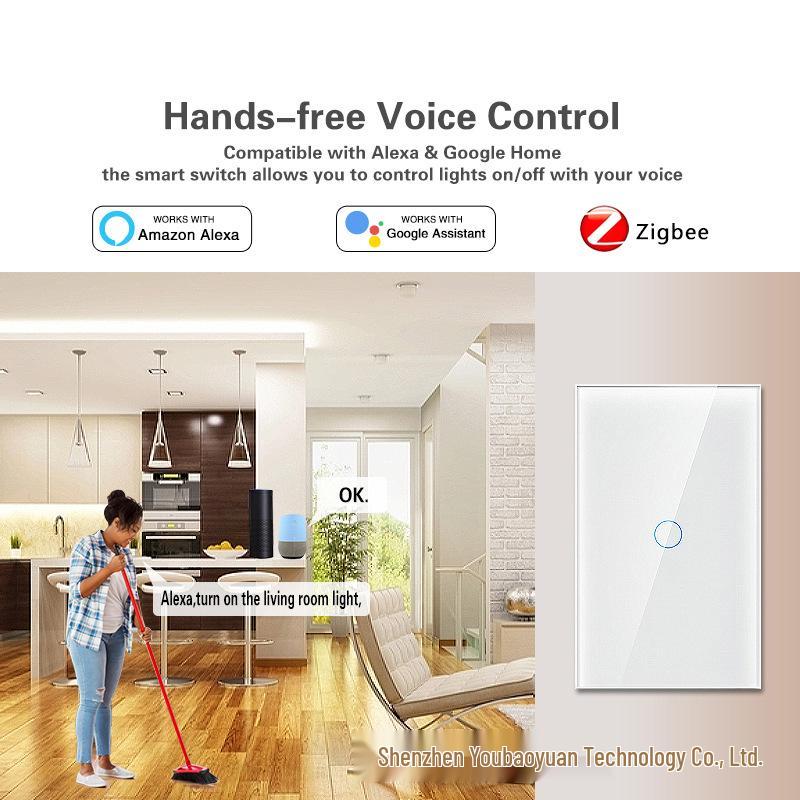 Умный стеклянный выключатель US Standard Zigbee с голосовым управлением Alexa, поддержкой приложения и настраиваемым одинарным выключателем (ноль-фаза)