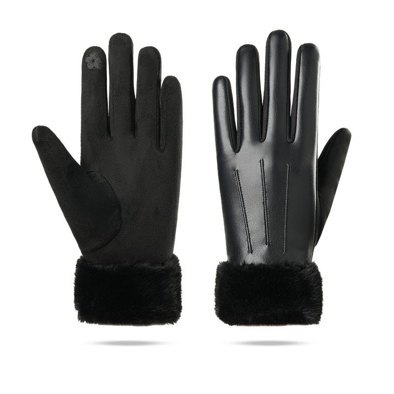 Warm gloves women's autumn and winter PU leather velvet thickened diamond-encrus screen outdoor cycling gloves