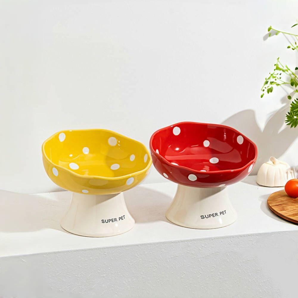Cute Mushroom Cat Bowl Ceramic Pet Drinking Feeder Dog Food Feeding Basin Neck Protection
