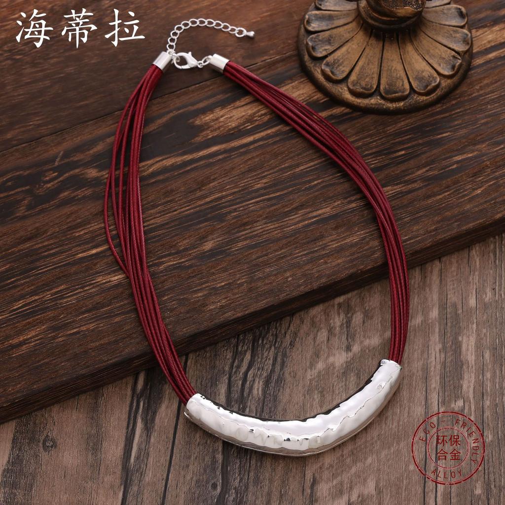 Геометрическое ожерелье-полумесяц из сплава и кожаного шнура, богемное ретро, личность, женское ожерелье-полумесяц