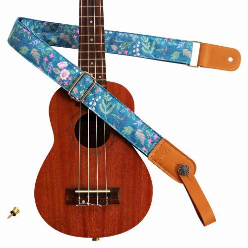 MUSIC FIRST Original Design Retro "Misty Garden at Dawn" Soft Cotton & Genuine Leather Ukulele Strap/Shoulder Strap with Branded Strap Locker