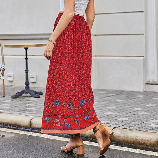Women Maxi Skirt High Waist A-Line Style Floral Print Long Skirt