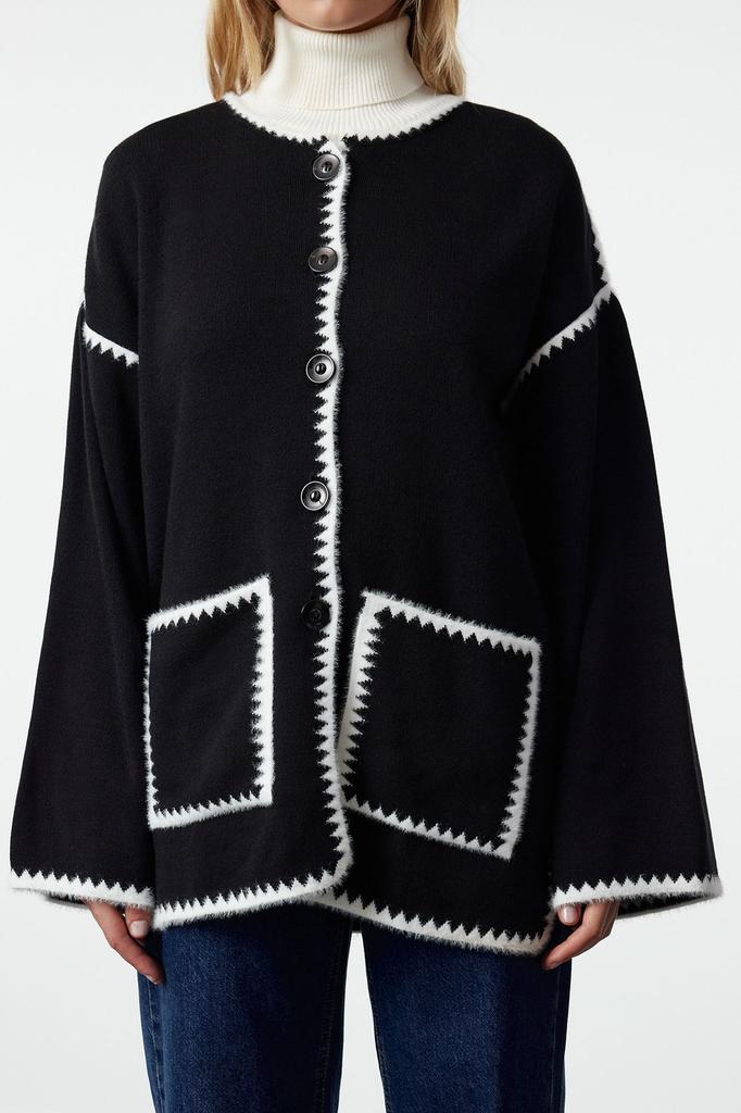 Женский модный стильный кардиган, черный мягкий текстурированный шарф с детальным рисунком бороды, трикотаж, кардиган