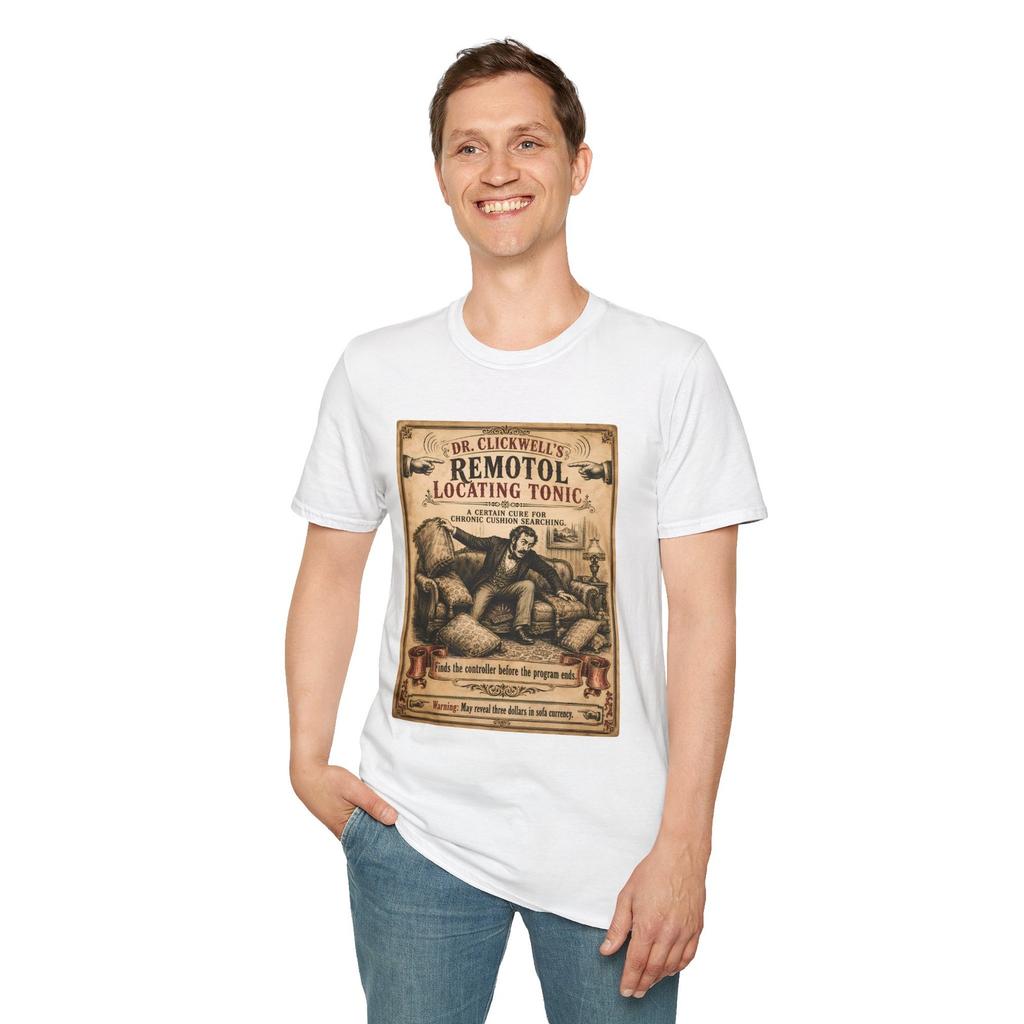 Remote Control Victorian Medicine Label Funny Vintage Unisex Softstyle T-Shirt