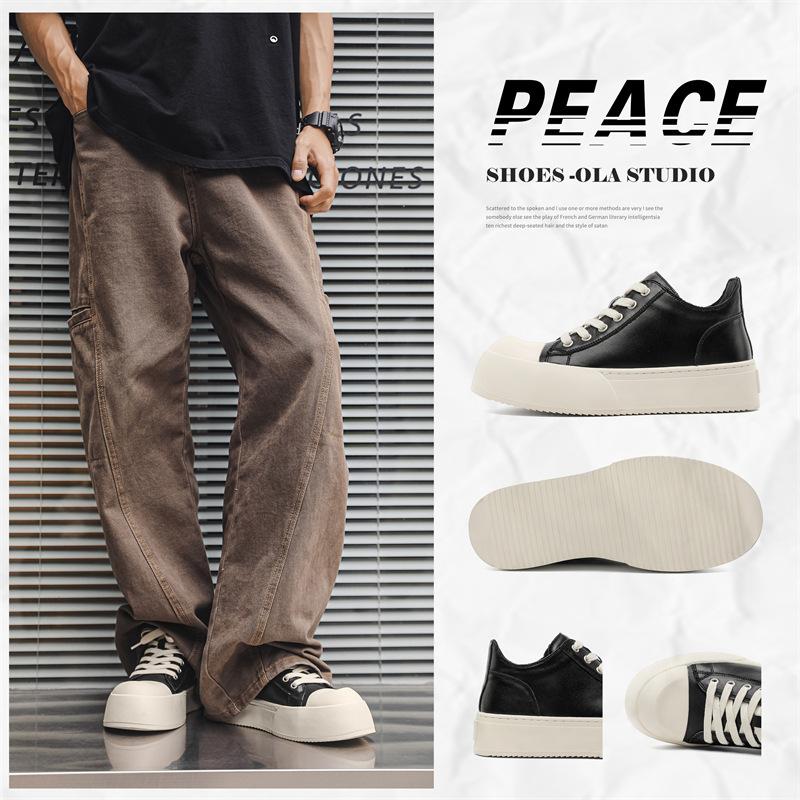 Европейская обувь для мужчин Натуральная кожа Повседневная обувь на платформе Тренд Толстая подошва Плоская обувь для скейтборда На шнуровке Массивные кроссовки