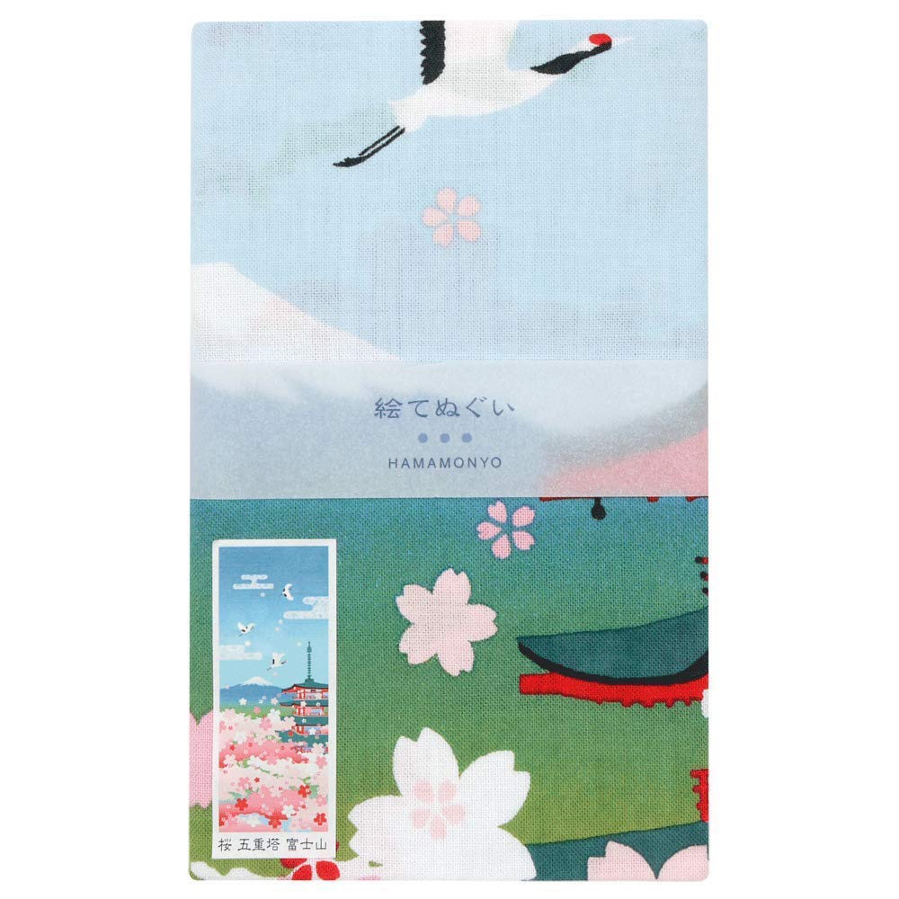 Hamamonyo Picture Tenugui (hand towel) Cherry Blossoms, Five-Storied Pagoda, Mount Fuji