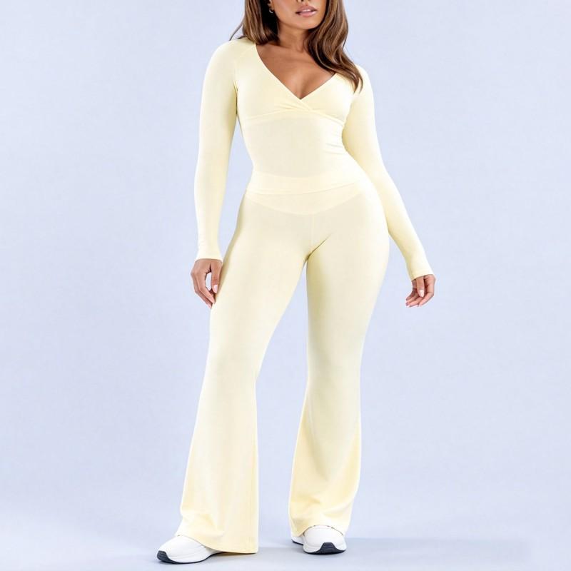 Womens Long Sleeve Yoga Set With Built-in Bra Pad High Elasticity Legging Sportswear Gym Fitness Workout