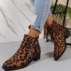 Fashion Sexy Leopard Point Toe Thick Heel Short Boots Womens Zipper Decoreation Party Shoes Winter Flock Plus Size 43 Ankle Boots