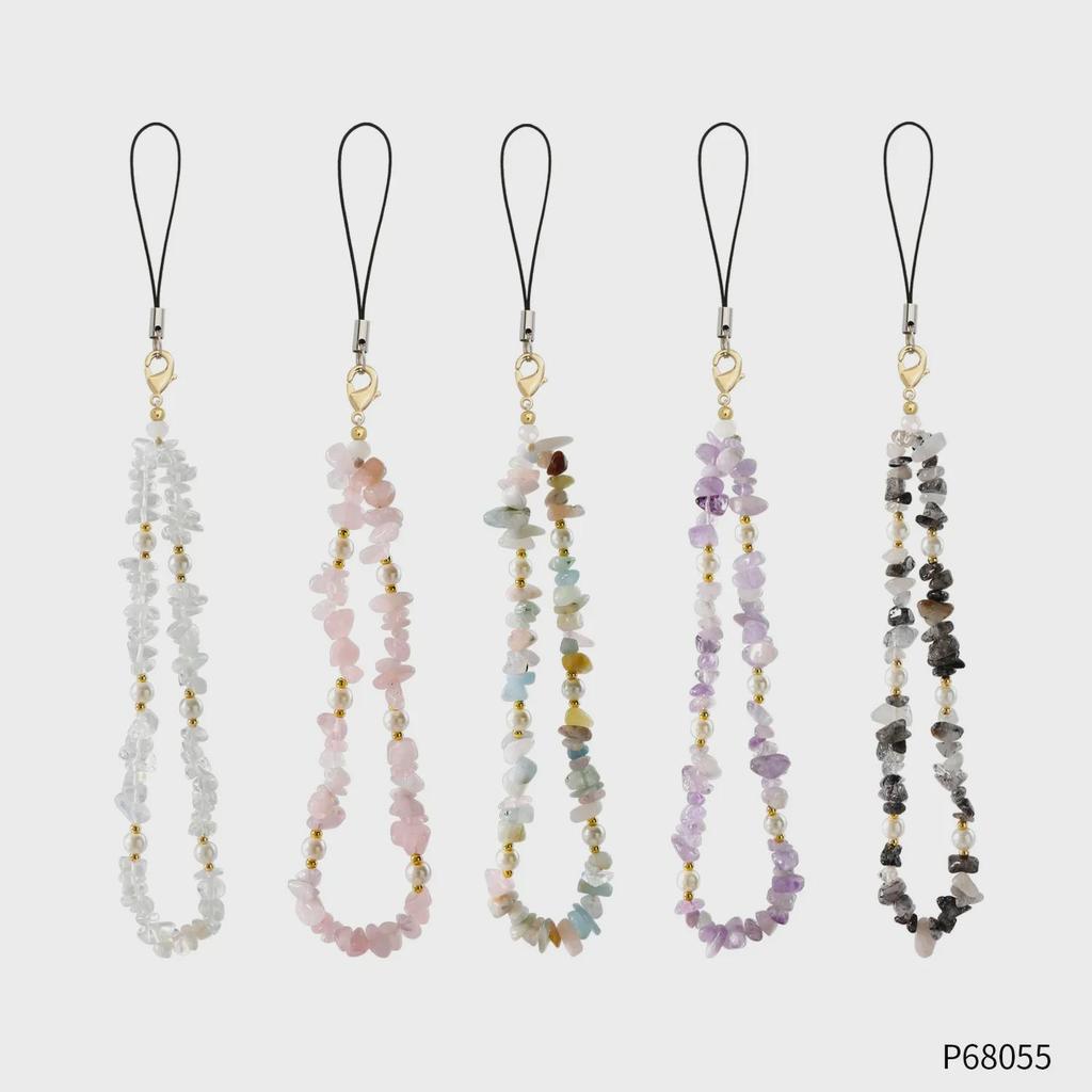 Ремешок для телефона из агата с бусинами из жемчуга и натурального гравия