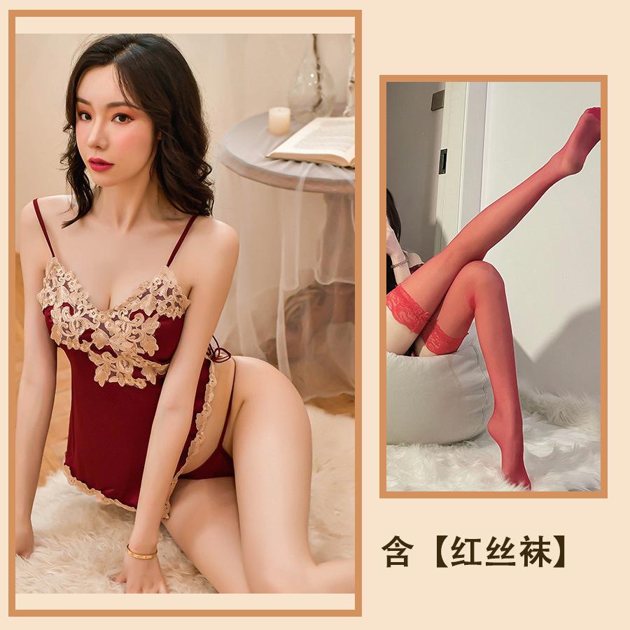 Секс одежда подтяжки ночная рубашка сексуальный кружево французский тело скульптура ледяной шелк пижама униформа полая соблазн