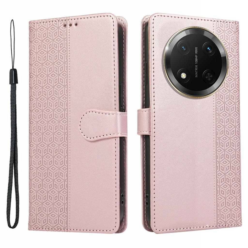 Phone Case For Honor X60 Pro 5G/X9c 5G/Magic7 Lite 5G Splicing Imprinted Rhombus Leather Cover with Wrist Strap