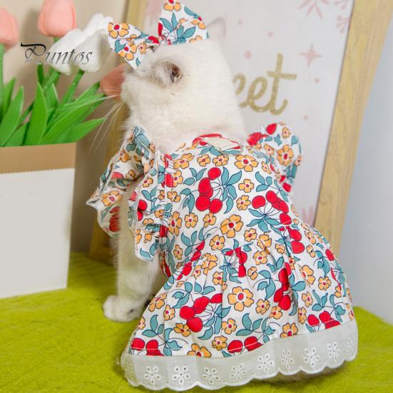 1 комплект, платье для домашних животных, платье принцессы с цветочным принтом для собак, комплект с головным убором, летнее платье с рюшами и рукавами для кошек, товары для домашних животных