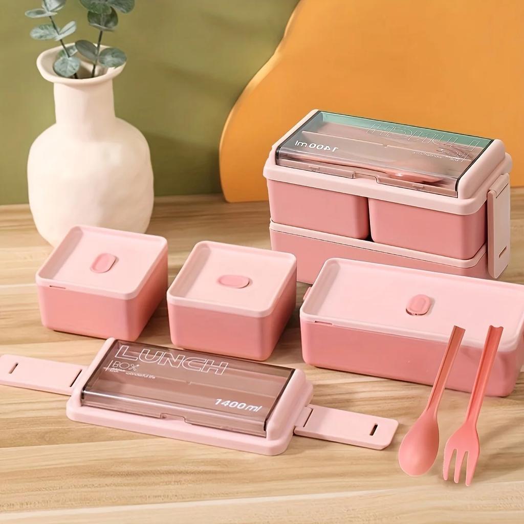 1 шт. Ланч-контейнер с двумя отделениями, безопасный для микроволновой печи, контейнер для хранения свежих продуктов с просторными отделениями и полным набором столовых приборов