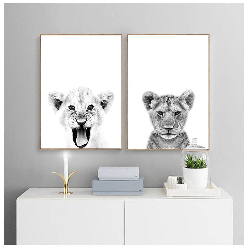 Lion Cub Print Black and White Lioness Animals Posters Safari Nursery Wall Decor Baby Animal Kids Wall Art Canvas Painting
